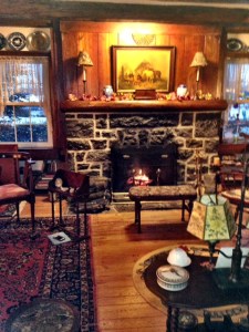 The stone fireplace in the Great Room at Vintage