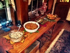 Sherry Creamed Mushrooms, Pimento Cheese Creamed Spinach, Asparagus with Crispy Pancetta and Apple Cider Glazed Root Vegetables adorn the Sideboard.