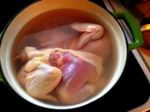 Simmered a whole chicken skinned myself then cut in half