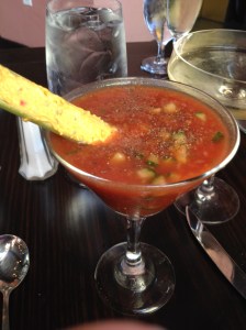 Gazapacho at the Old Pink House. Hence forth Gazpacho will ALWAYS come with celery stuffed with Pimemto Cheese!